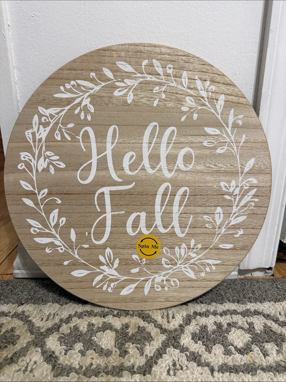 Hello Fall Round Wood Wall Sign - White on Natural Wood